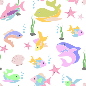 Seamless pattern with baby fish. A repeating pattern with marine life. Underwater world, background for children. Vector.