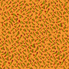 Seamless pattern of abstract red-green elements on an orange background. For textiles, wallpapers and backgrounds.