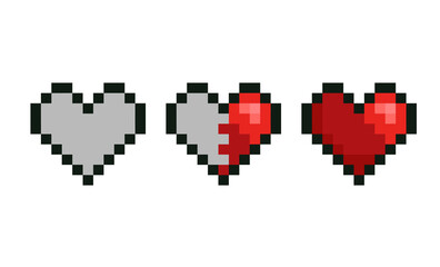  heart pixel icons set. Red heart. Full heart, half, empty.  illustration