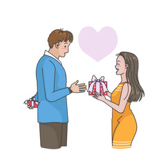 Women giving present to her boyfriend. Man giving surprise gift to woman.