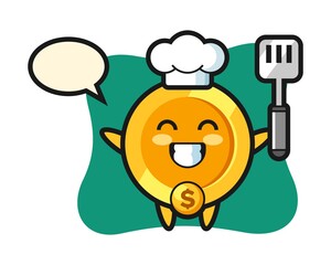 dollar coin character illustration as a chef is cooking