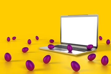 Purple eggs for happy Easter with mockup laptop on isolated yellow background.