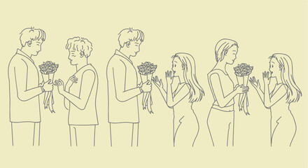 Giving flowers set. Sweet couple in love. Hand drawn style vector.