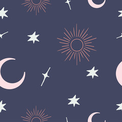 sun moon and stars seamless pattern on blue backdrop