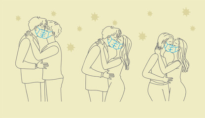 Kissing couple mask set. Social distance during valentines day couple of lovers Covid-19 concept. Hand drawn style of vector.