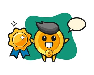 Dollar coin mascot illustration holding a golden badge