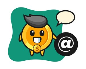 Cartoon illustration of dollar coin standing beside the at symbol