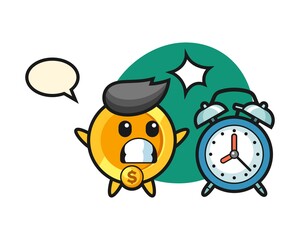 Cartoon illustration of dollar coin is surprised with a giant alarm clock