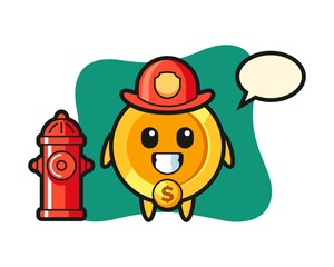 Mascot character of dollar coin as a firefighter