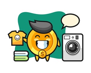 Mascot cartoon of dollar coin with washing machine