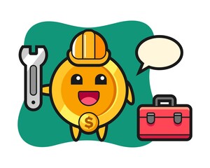 Mascot cartoon of dollar coin as a mechanic