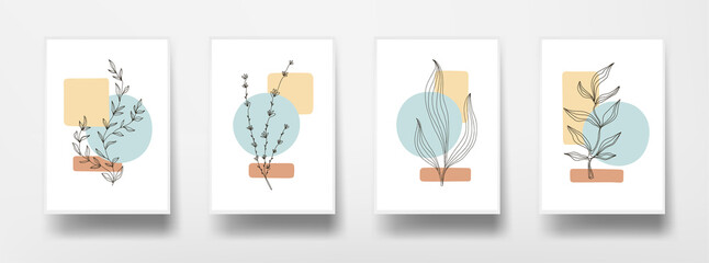 Botanical floral wall art set. Abstract plants graphics on white sheet of paper. Home decor wall posters. Flat design modern background. Vector illustration. © chelovector
