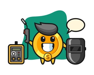 Character mascot of dollar coin as a welder