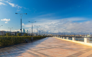 Seaside boulevard in sunny weather in Baku