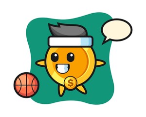 Illustration of dollar coin cartoon is playing basketball