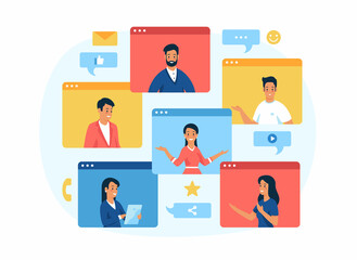 Concept of video conferencing and online communication. Vector illustration