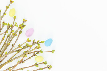 Easter holiday backdrop with young twigs with buds and colored eggs in the corner of a page on a light background