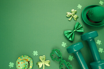 Heavy dumbbells, Irish hat with leaf clover, shamrock shape glasses and a bow tie. Healthy fitness...