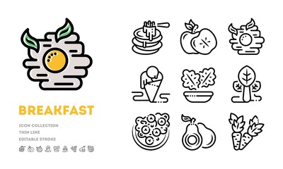 Collection of thin line icons of cafe menu for lunch pause or breakfast. Vector first and second course dishes, desserts and fresh fruits idea isolated on white background