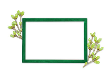 Spring background with green frame and young twigs with buds and isolated place for text in the middle	