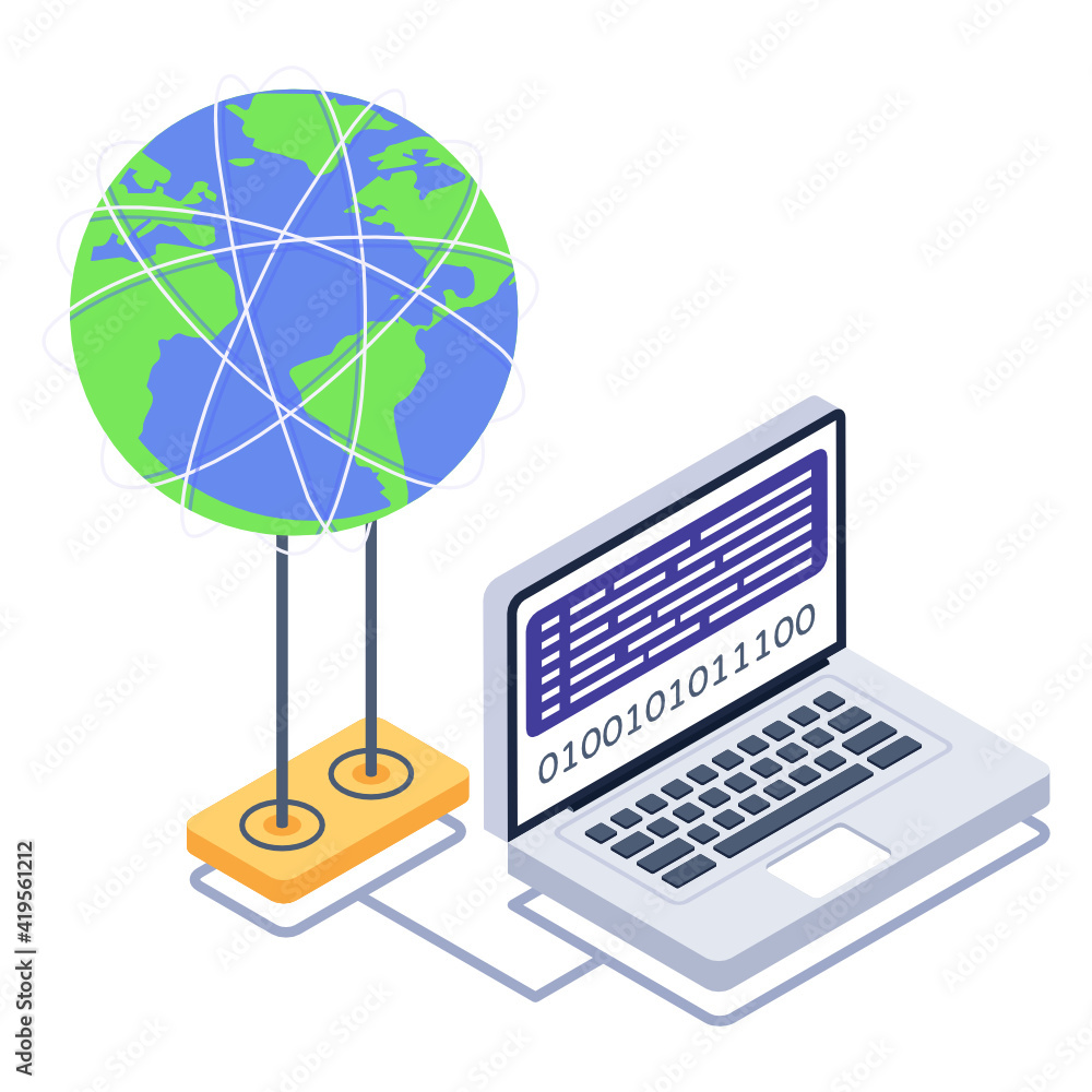 Poster client server in isometric style icon, blockchain technology
