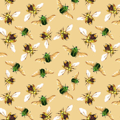 watercolor illustration seamless pattern small scarab beetle with golden and green shell