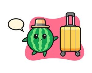Watermelon cartoon illustration with luggage on vacation