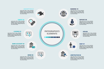 Infographic Banking template. Icons in different colors. Include Absorption, Credit, Leasing, Bank Account and others.