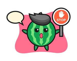 Watermelon character illustration holding a stop sign