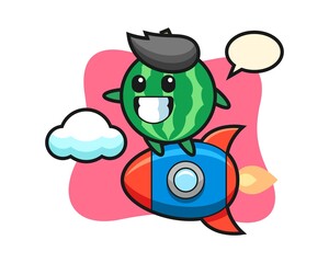 Watermelon mascot character riding a rocket