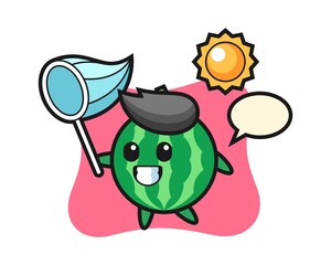 Watermelon mascot illustration is catching butterfly
