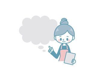 エプロン姿の女性＿シンプルカラーふきだし＿指差し