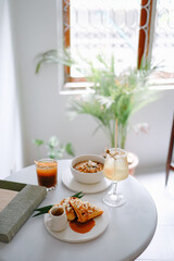 Healthy breakfast bowl Yogurt granola vegetarian food concept