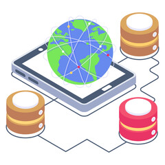 
Mobile with globe, isometric icon of global data storage 

