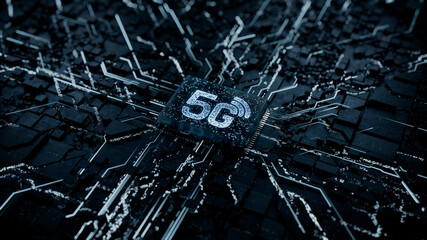 Wireless Technology Concept with 5G symbol on a Microchip. Data flows from the CPU across a Futuristic Motherboard. 3D render.