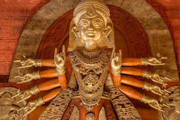 Hindu Goddess Durga idol in closeup portrait view