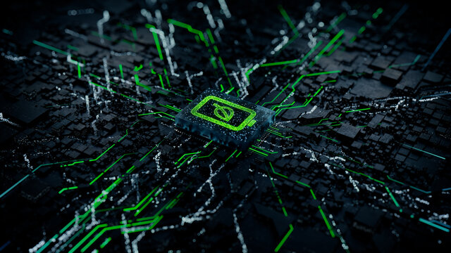 Environmental Energy Technology Concept with Green Eco battery symbol on a Microchip. Data flows from the Battery across a Futuristic Motherboard. 3D render.