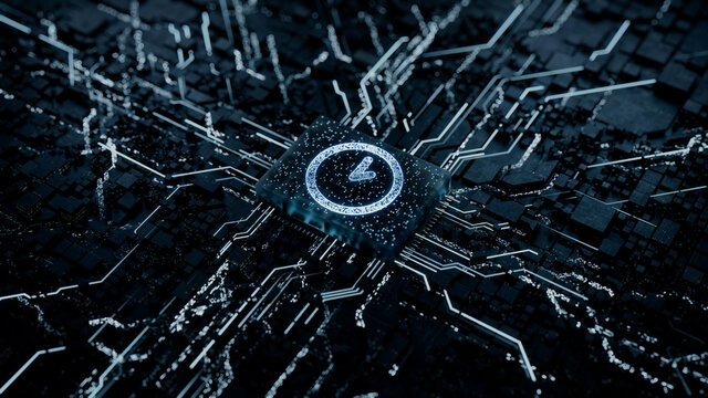 Time Technology Concept with clock symbol on a Microchip. Data flows from the CPU across a Futuristic Motherboard. 3D render.