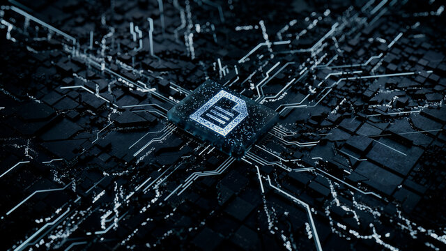 Word document Technology Concept with document symbol on a Microchip. Data flows from the CPU across a Futuristic Motherboard. 3D render.