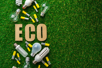 Used metal lithium alkaline batteries and lightbulbs on grass background