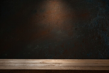 background wall and worn old wooden table