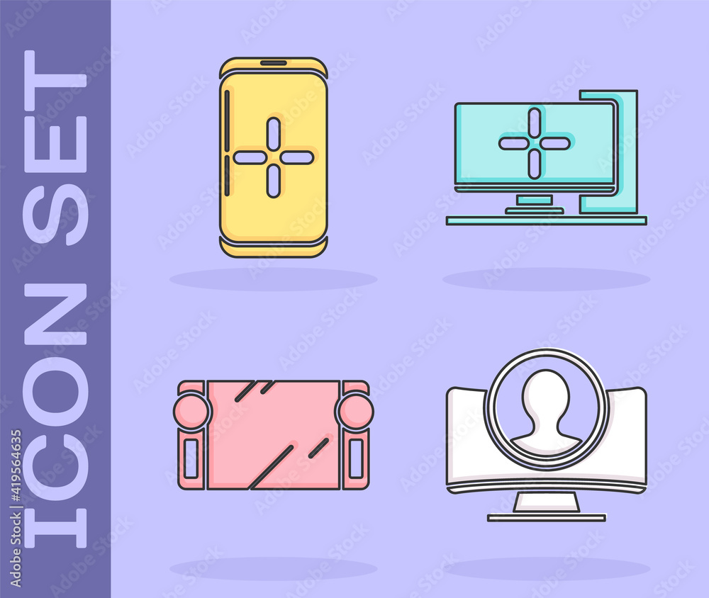 Poster set create account screen, smartphone and playing in game, portable video game console and computer 