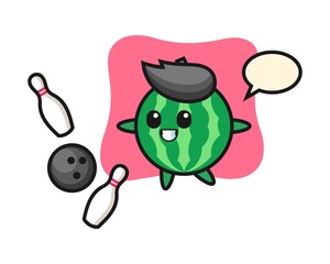 Character cartoon of watermelon is playing bowling