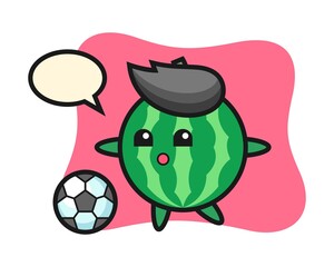 Illustration of watermelon cartoon is playing soccer