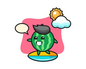 Illustration of watermelon cartoon do surfing on the beach