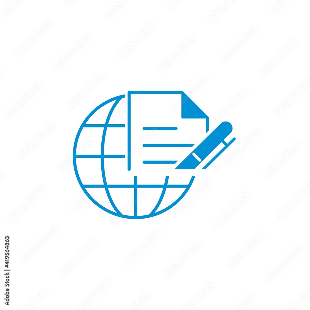 Poster globe and document. new global rules and priorities. vector linear icon illustration isolated on whi