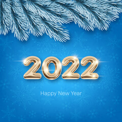2022 New Year card template with golden 3d numbers and pine branches on light blue background