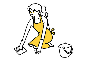 ゴム手袋をして床を拭く女性