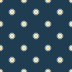 Seamless pattern with white chamomile, daisies on a dark blue background. Summer, minimalistic pattern with flowers. Pattern for wrapping paper, stationery, textiles, backgrounds, websites.