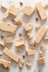 Tasty sweet dessert halva prepared from sunflower seeds on dark black background with copy space. Close up.